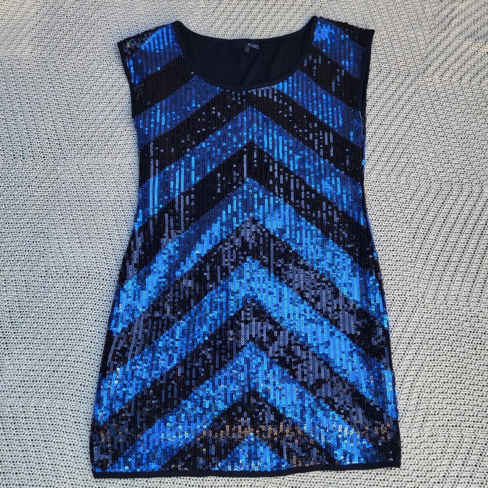 Blue and Black and Sequins Stripes Min Dress Size 12